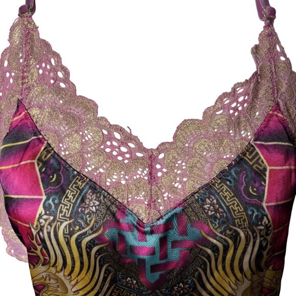 Womens Size L Silky Dragon Print Lingerie Racer Back Lace Trim Cami & Shorts Set - Picture 5 of 15